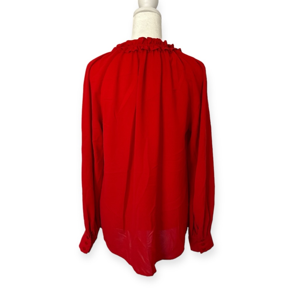 NWOT Doe & Rae Long Sleeve Red V-Neck Blouse with Ruffles and Neck Tie - Picture 3 of 5